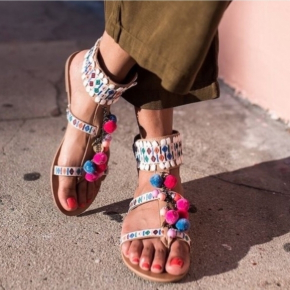 Mix No 6 Pompom Boho Fun Colorful beach comfy lightweight sandal Size 8 Women - Picture 1 of 14